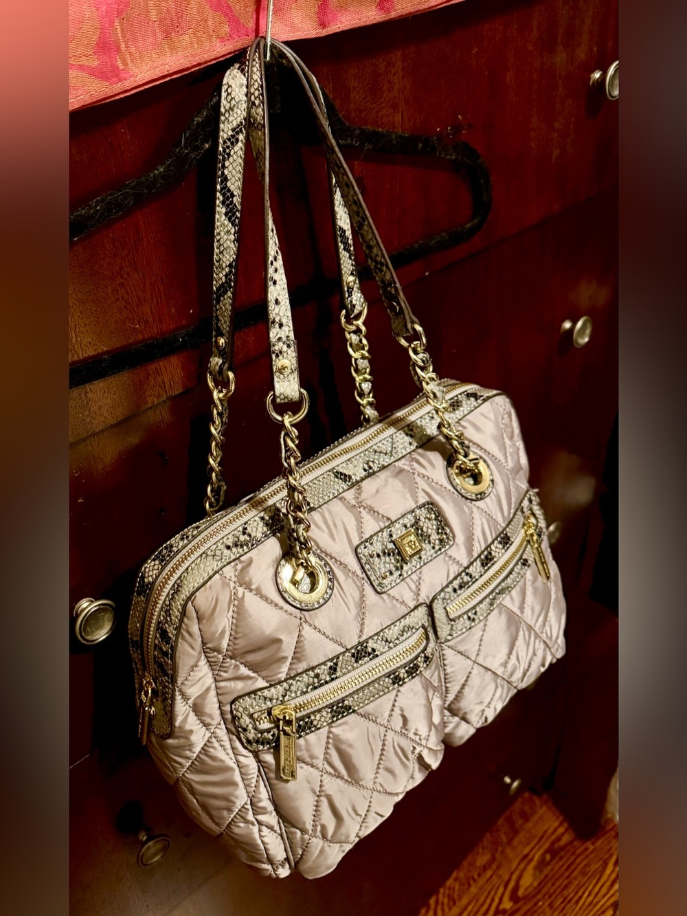 Anne Klein Quilted Beige Shoulder Bag Leather Snake Print Chain Accent